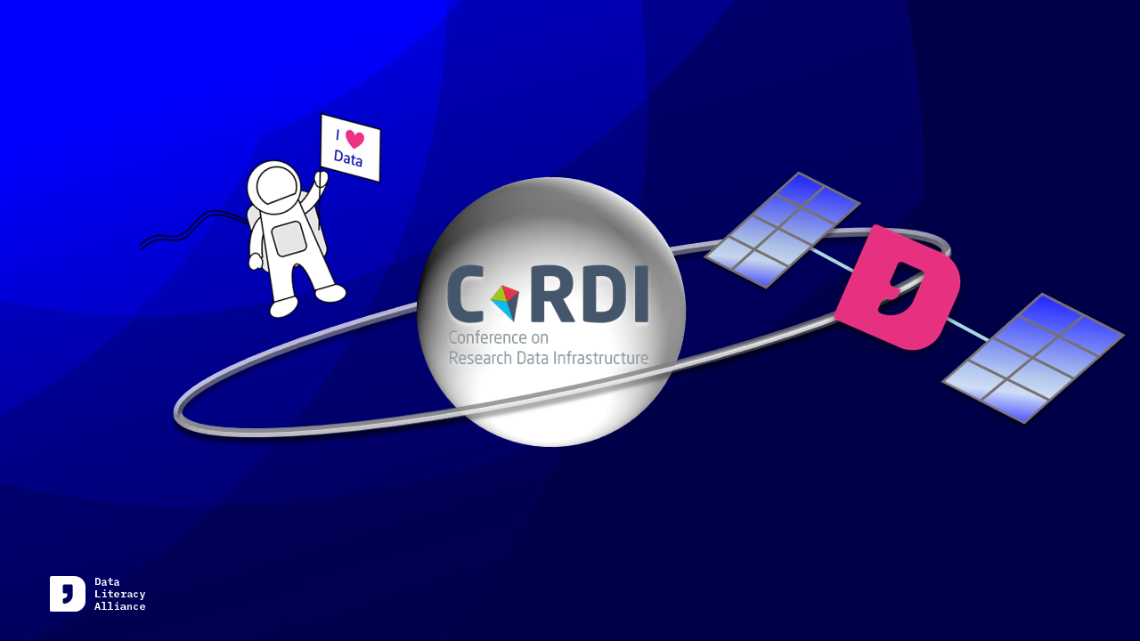 Logo of DALIA satellite meeting: CoRDI-Logo depicted as planet surrounded by a satellite with the DALIA logo and an astronaut with an I love data flag.