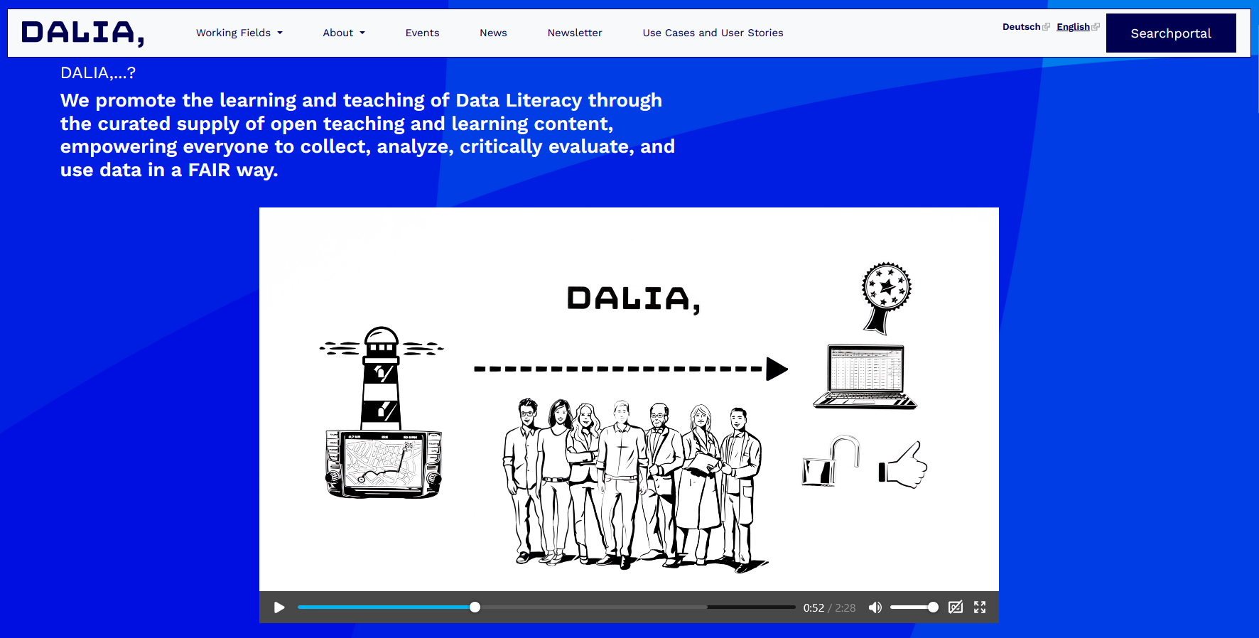Screenshot of the DALIA homepage with explanation video.