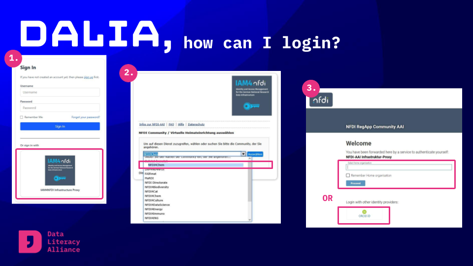 DALIA, wie kann ich mich anmelden? Screenshots der drei Schritte zum Anmelden im DALIA-Portal.